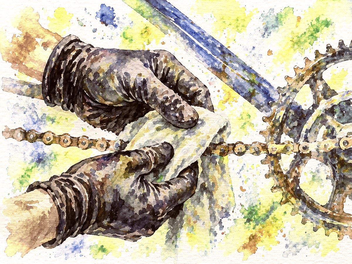 Watercolour illustration of cleaning a bicycle chain and drivetrain by hand.