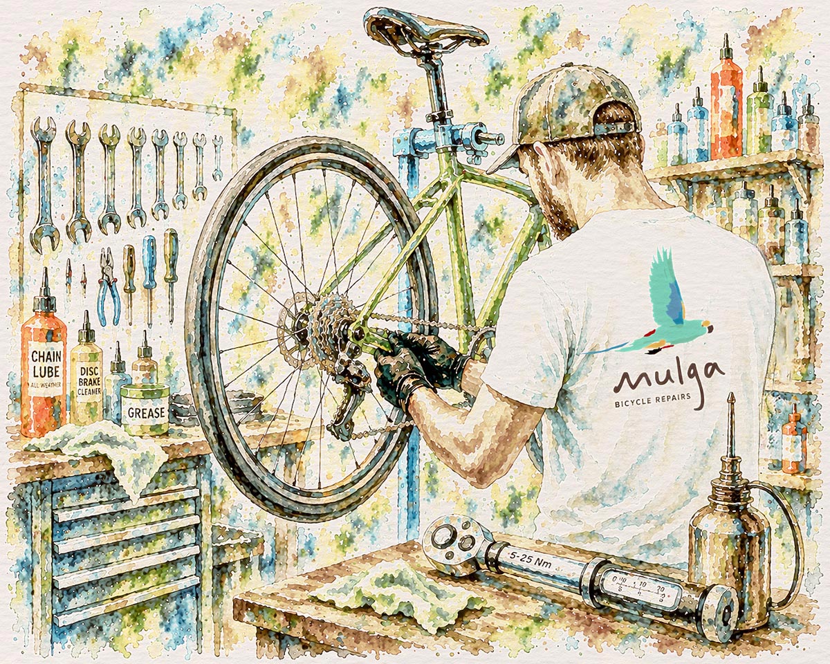 Watercolour illustration of a bicycle mechanic working on a bike in a workshop with Mulga Bicycle Repairs logo.